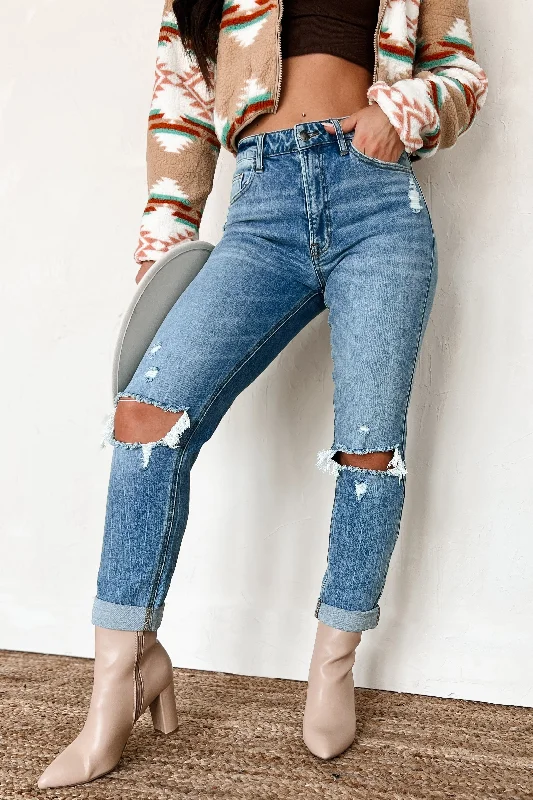 Light - wash women jeans for a fresh and summery appearance Barry High Rise Distressed Boyfriend Jeans (Medium Denim) Light - wash women jeans for a fresh and summery appearance Barry High Rise Distressed Boyfriend Jeans (Medium Denim)