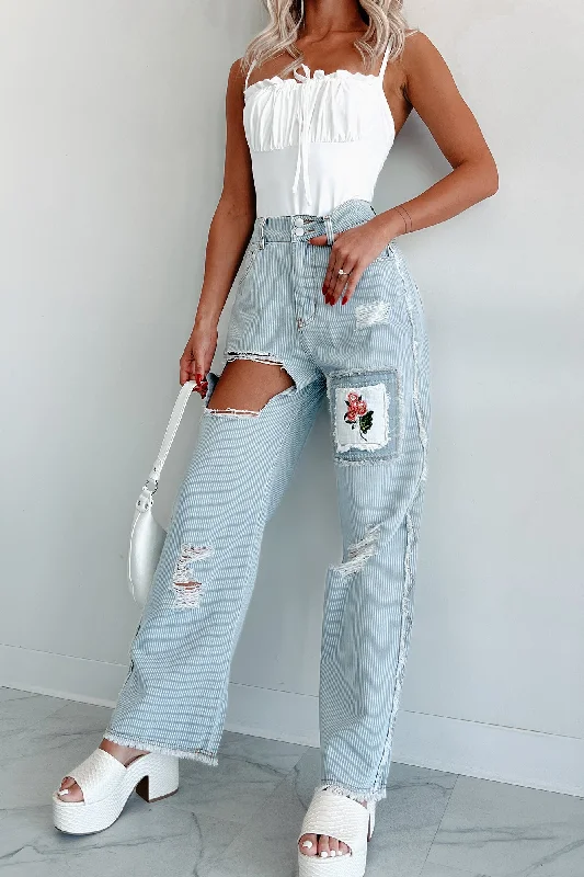 Bootcut women jeans to complement various shoe styles Catalina Distressed Embroidered POL Jeans (Stripe Denim) Bootcut women jeans to complement various shoe styles Catalina Distressed Embroidered POL Jeans (Stripe Denim)