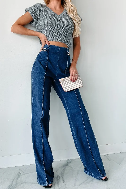Cargo women jeans with multiple pockets for added functionality Marietta High Waisted Chain Detail Bootcut Jeans (Dark Wash) Cargo women jeans with multiple pockets for added functionality Marietta High Waisted Chain Detail Bootcut Jeans (Dark Wash)