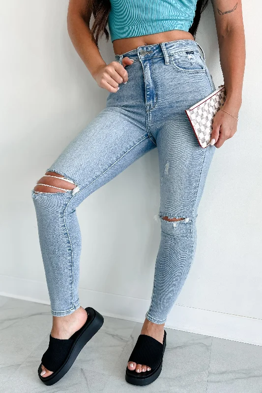 High - rise flare women jeans for a 70s - inspired look Say It Louder High Rise Distressed Cello Skinny Jeans (Light Denim) High - rise flare women jeans for a 70s - inspired look Say It Louder High Rise Distressed Cello Skinny Jeans (Light Denim)
